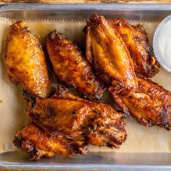 Charm City Seafood's crispy, glazed chicken wings with a side of dipping sauce on a metal tray.